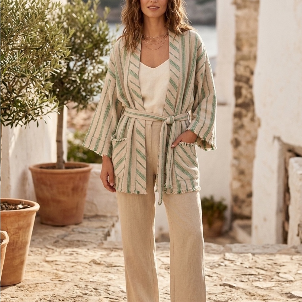 Zara Beige and Green Striped Women's Coat